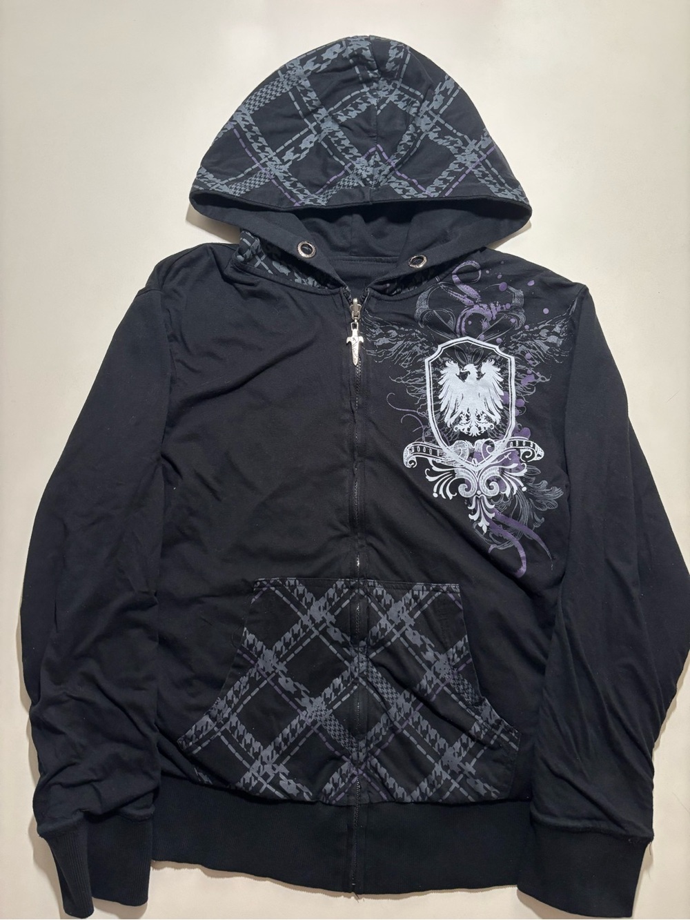 Men’s reversible y2k zip up hoodie with dagger pendant zip striped purple